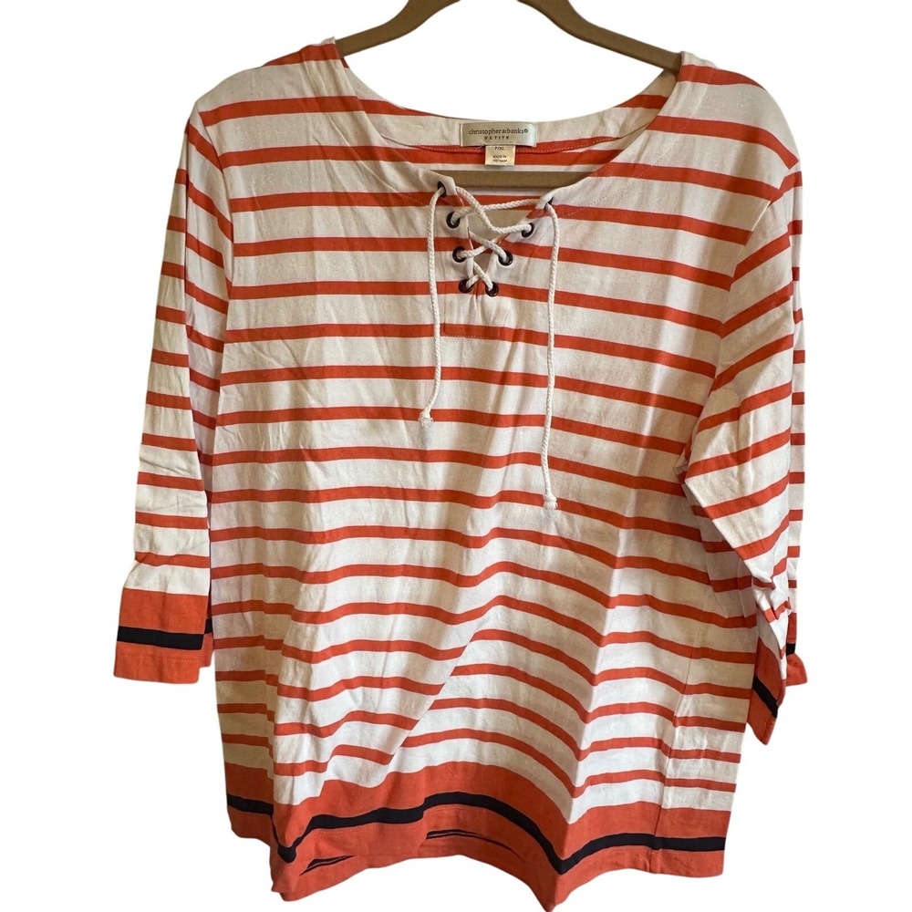 Christopher & Banks Petite XL Orange White Striped Lace Up 3/4 Sleeve‎ Top